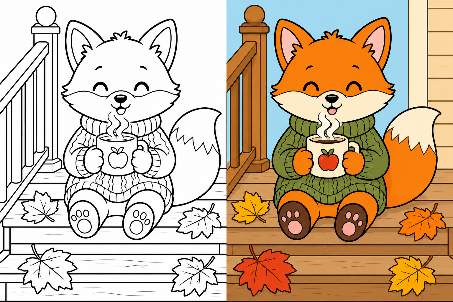 On the wooden porch steps, a little fox wearing a knitted sweater drinks from a steaming mug.