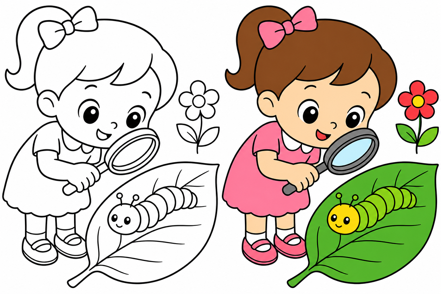 Through a magnifying glass, a girl looks at a striped caterpillar.
