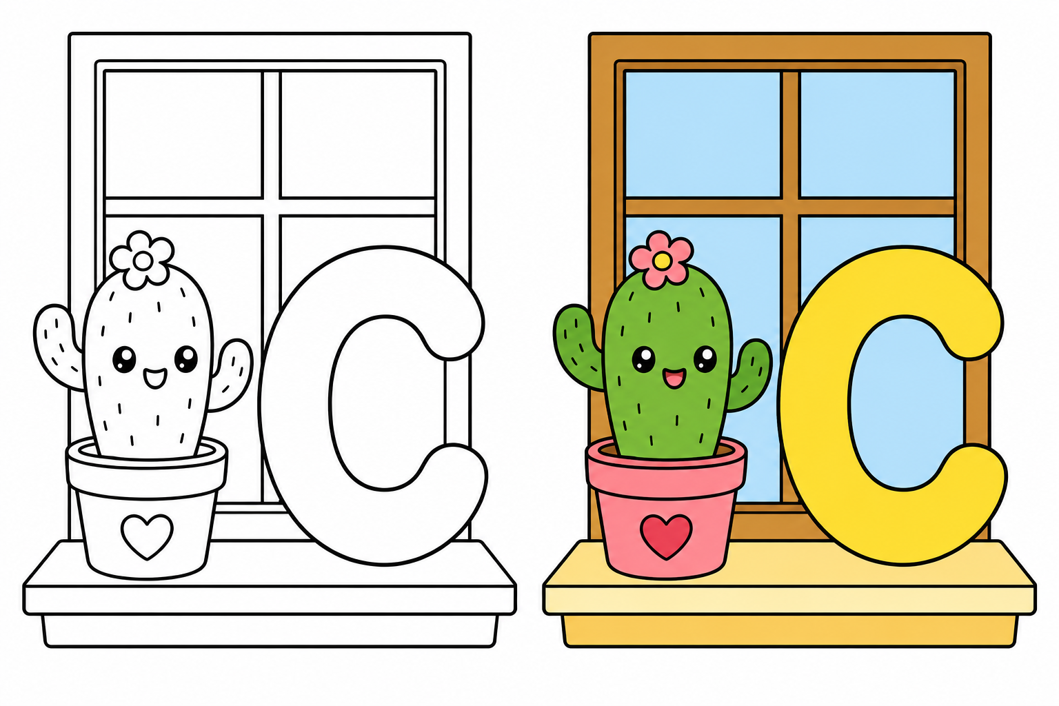 Happy cactus sitting quietly in a small pot next to the letter C.
