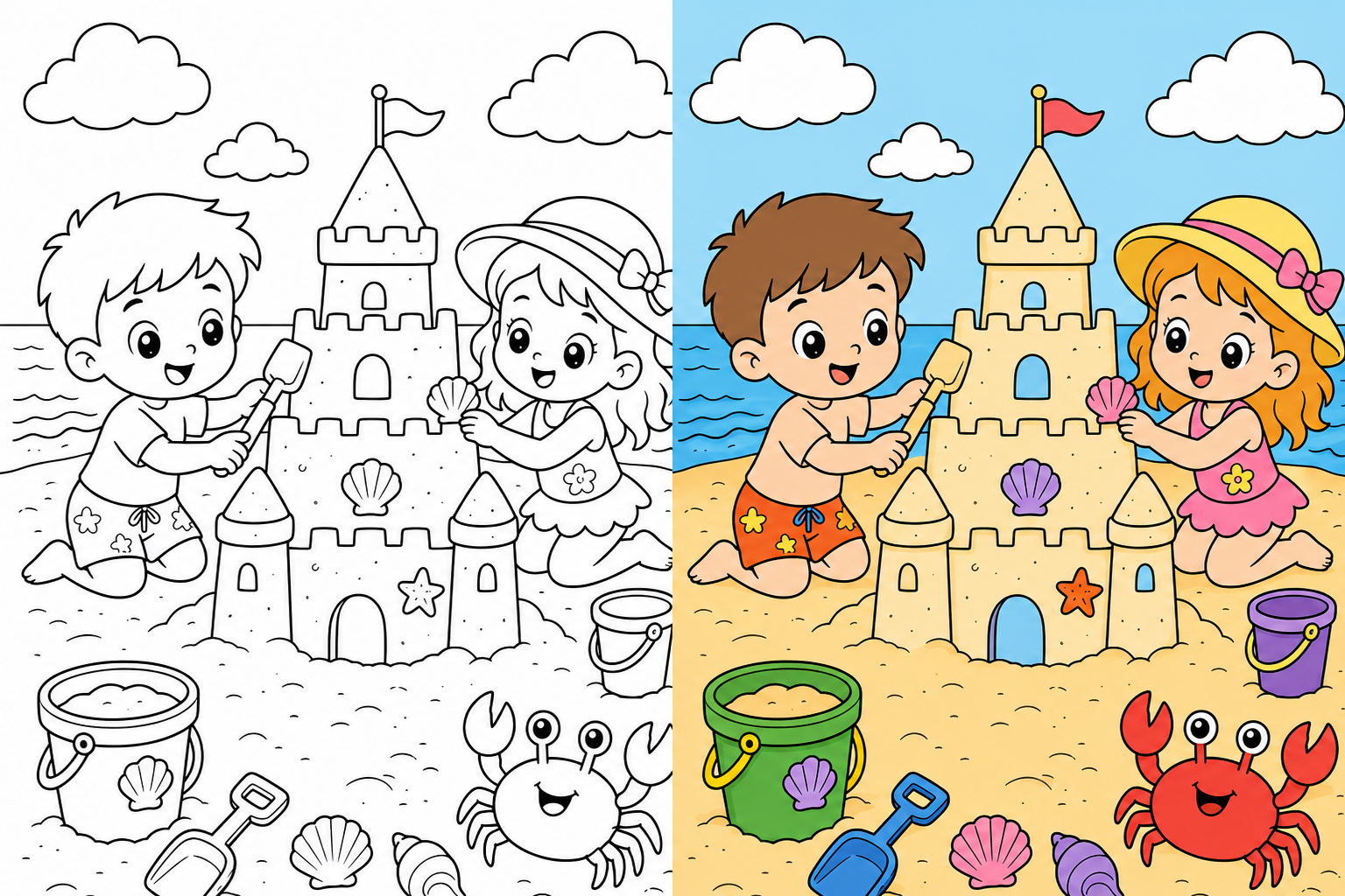 Smiling little crab watching two kids construct a towering sandcastle with buckets and shovels on a sunny shore.