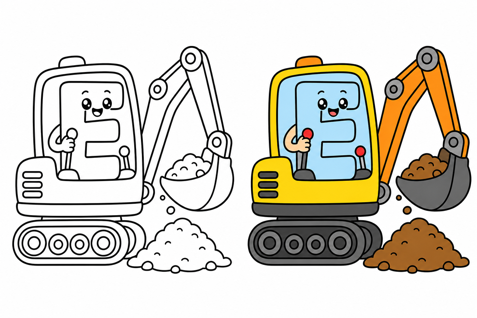 Little letter E operating a tiny excavator moving dirt.