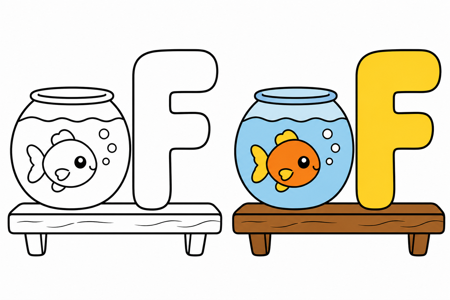 Round fishbowl with one tiny fish sitting beside a large letter F.