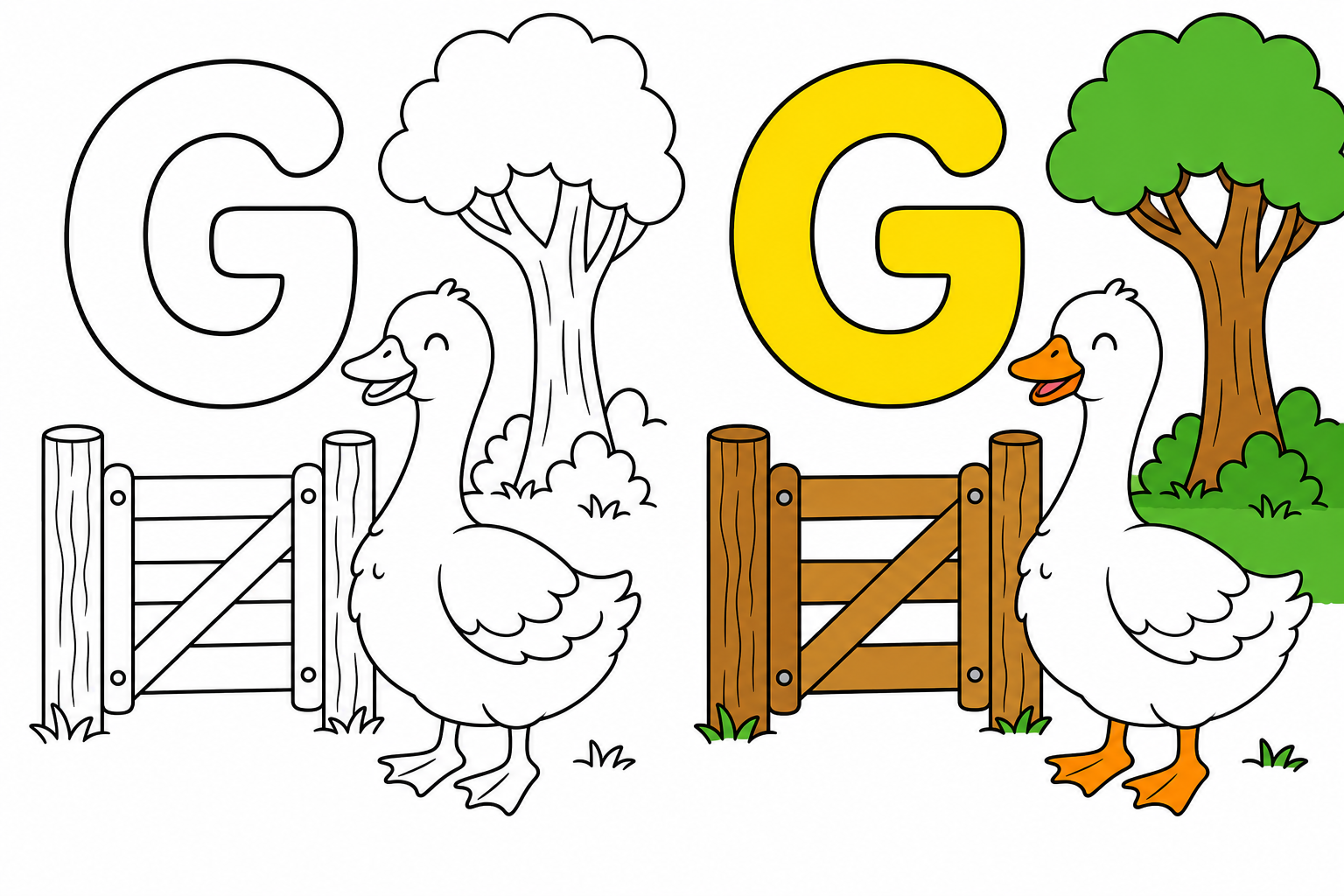 Fluffy goose standing by a wooden gate beside a giant letter G.