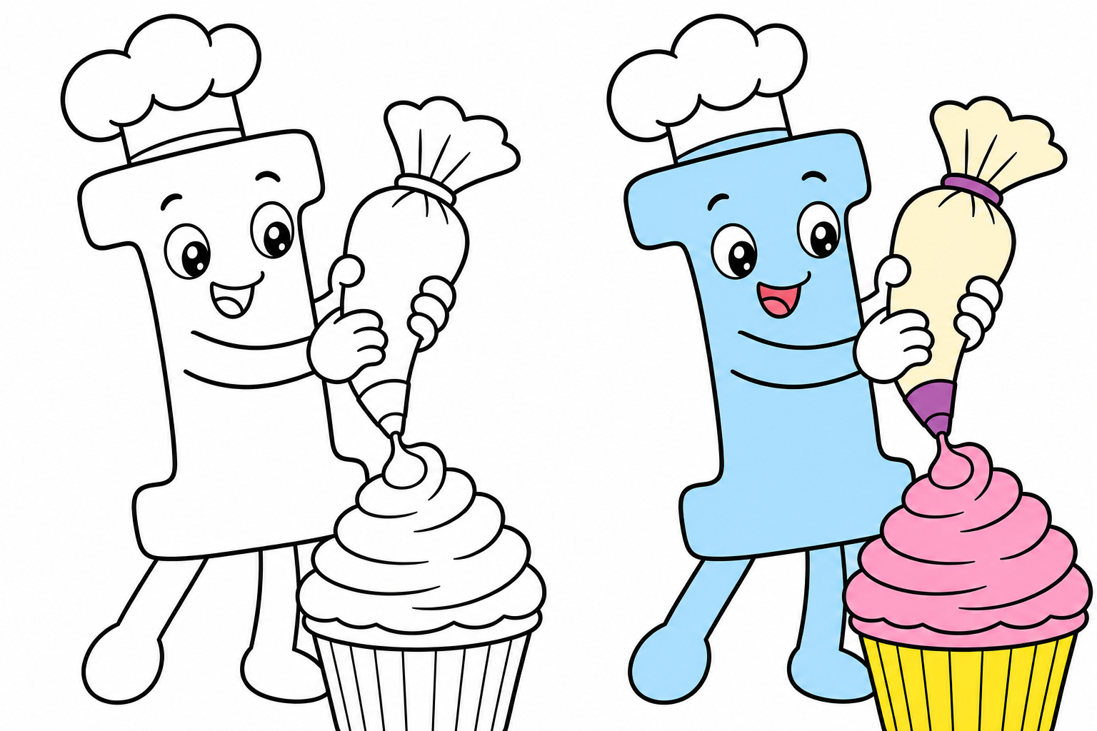 Letter I squeezing a giant piping bag to put fluffy icing on a giant cupcake.