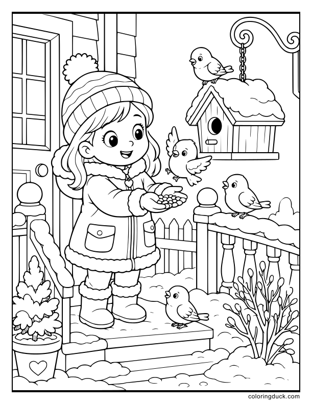 Bright little girl standing on a snowy porch offering seeds to chubby winter birds fluttering around a wooden birdhouse.