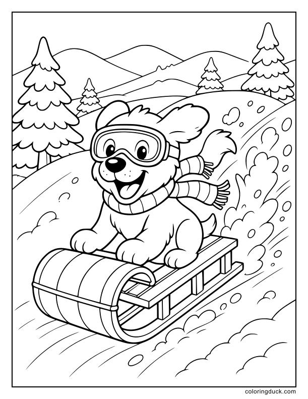 Excited dog zooming down a steep snowy hill on a classic wooden toboggan leaving a trail of flying snow.