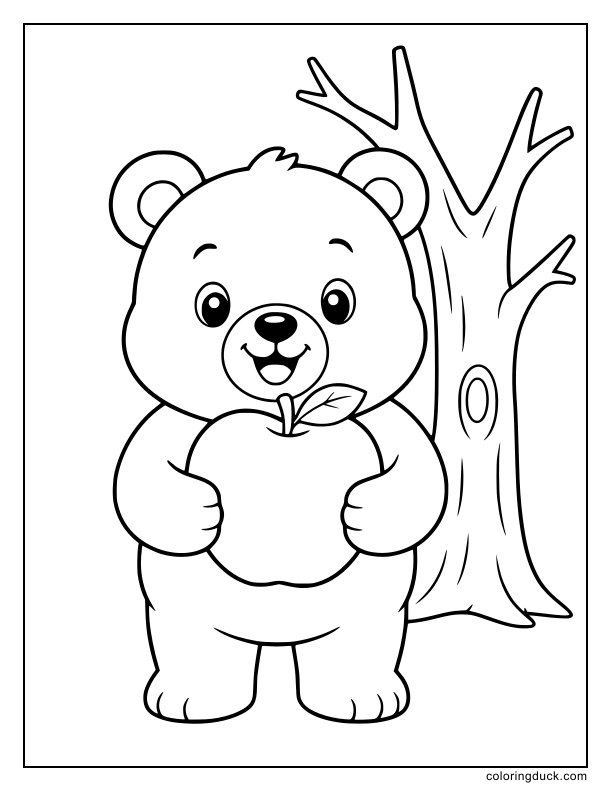 Cute little bear standing under a bare tree holding a perfectly round apple.