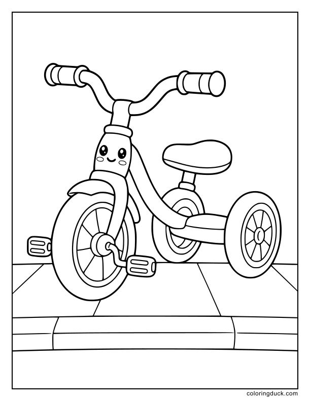 Shiny tricycle waiting on an empty sidewalk.