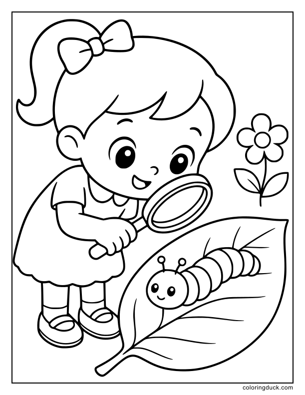 Through a magnifying glass, a girl looks at a striped caterpillar.