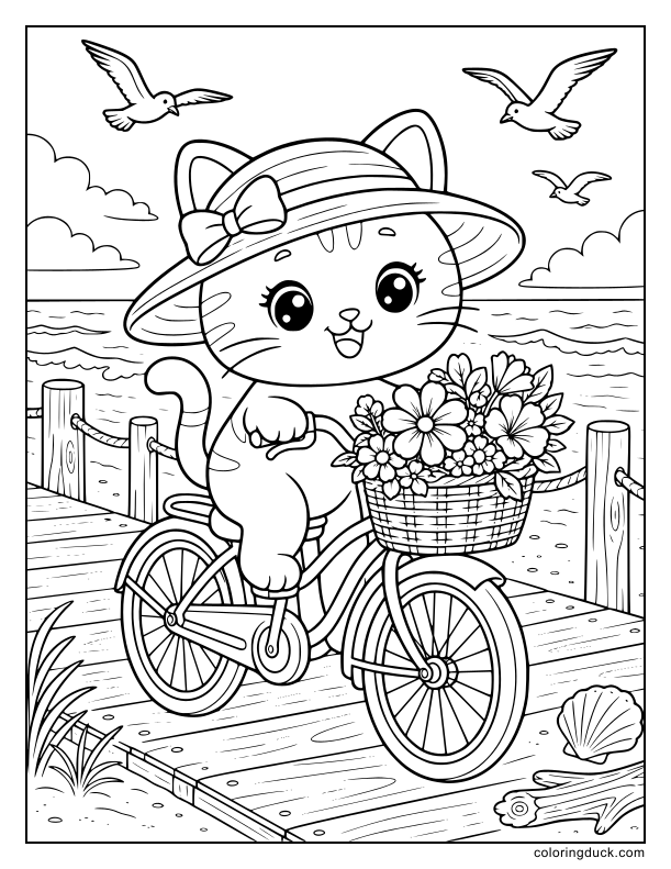 Vintage bicycle with a basket full of summer flowers rolling smoothly along a wooden beach boardwalk.
