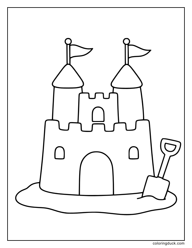 Two tiny flags waving on top of a tall sandcastle.