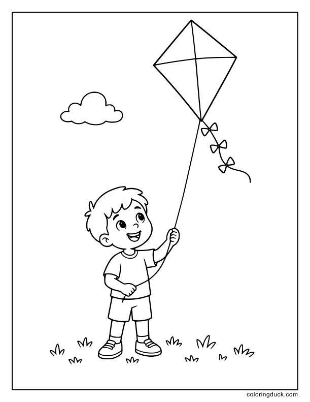 Upward gazing child gripping a string connected to a diamond shape soaring high in the sky.