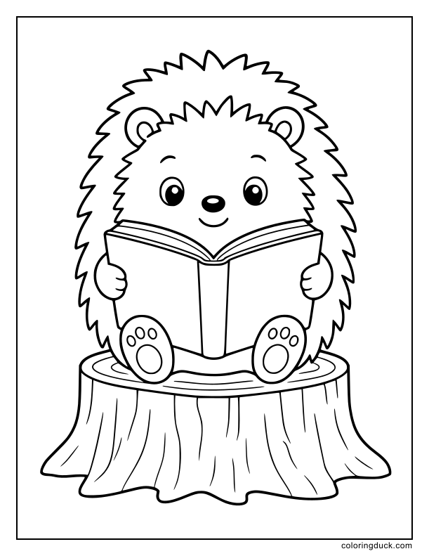 Quiet hedgehog sitting on a flat wooden ring holding an open storybook.