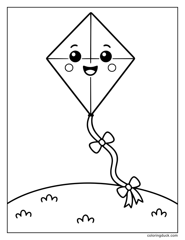 High in the sky, a diamond kite with a ribbon tail.