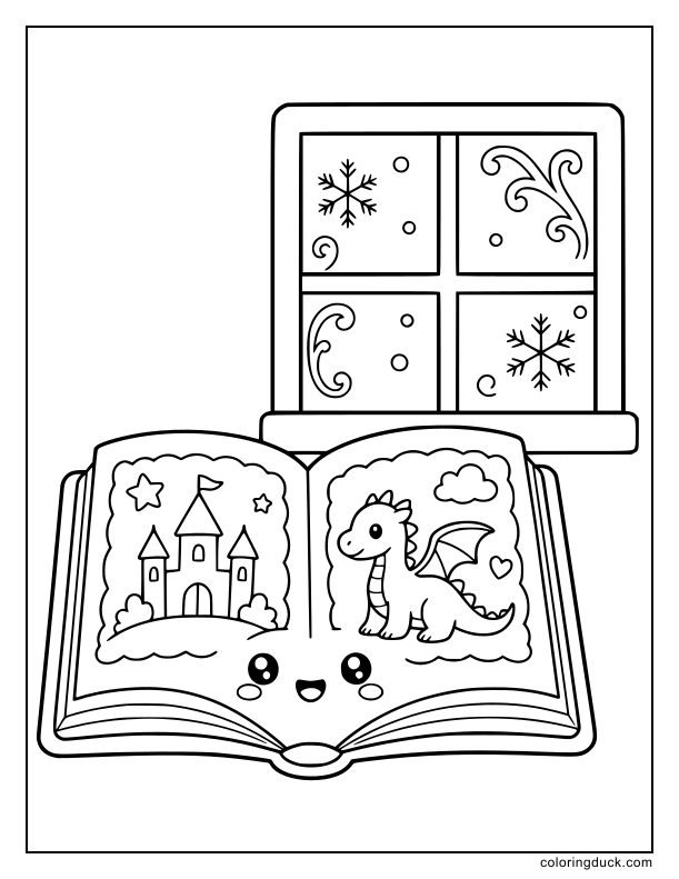 Open book sitting next to a frosty windowpane.