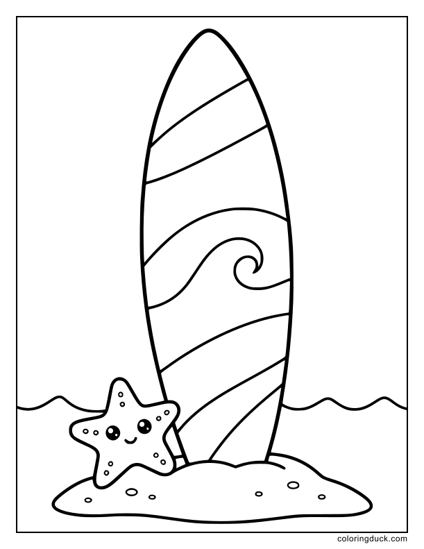 Tall surfboard resting vertically on the beach.