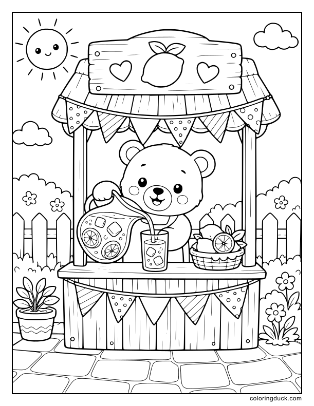 Fresh iced lemonade pouring from a bright pitcher into a glass at a cute wooden stand decorated with bunting.