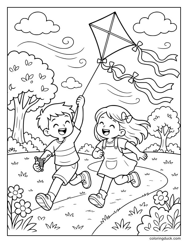 Two laughing children running across a grassy park while flying a large diamond-shaped kite with a long ribbon tail.