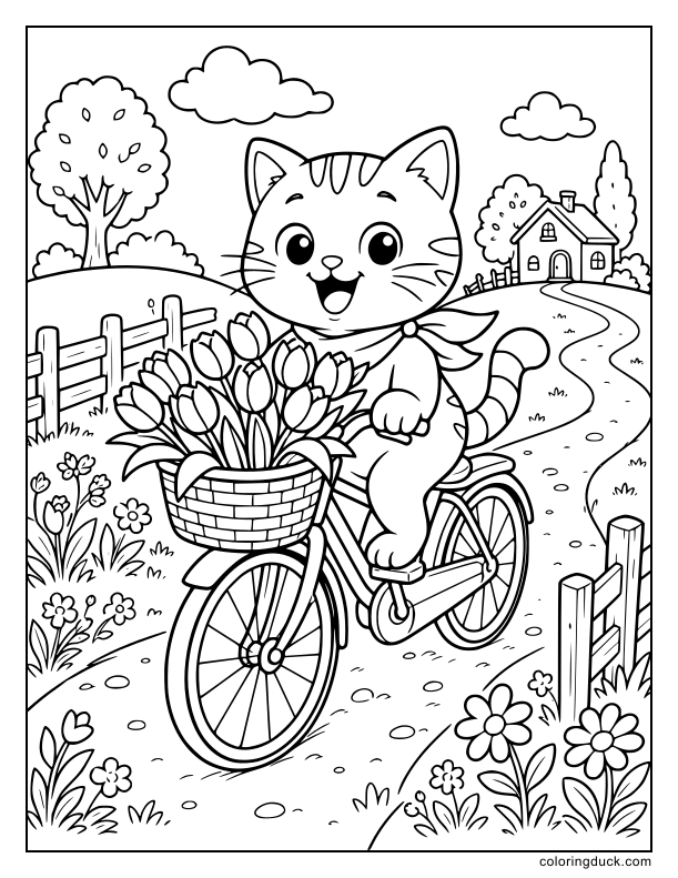 Pedaling down a winding dirt path, a smiling cat rides a bicycle equipped with a front basket full of tulips.