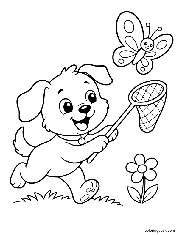 Cheerful puppy running with a net toward a large butterfly.