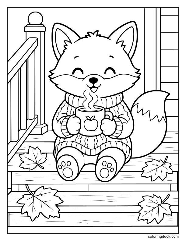 On the wooden porch steps, a little fox wearing a knitted sweater drinks from a steaming mug.