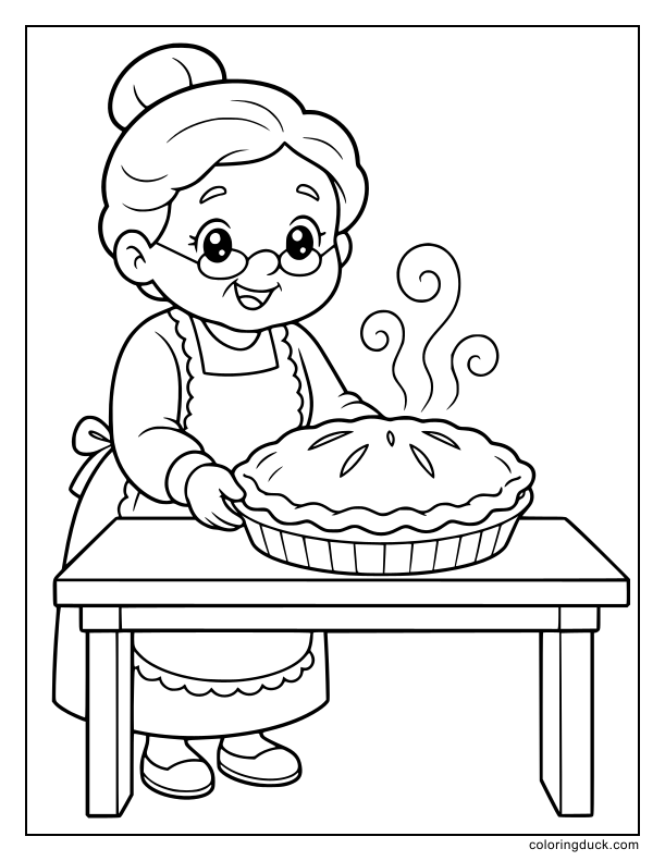 Proud grandmother figure presenting a warm fresh pastry with steam lines on a clear table.