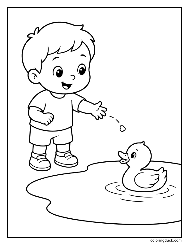 Small toddler tossing breadcrumbs to a single swimming waterfowl near the water's edge.