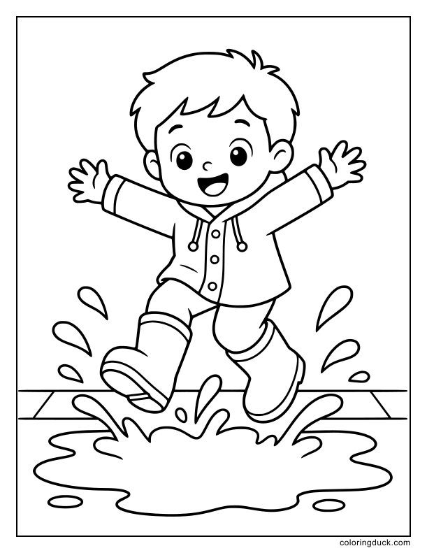 Two tiny rainboots splashing enthusiastically into a round puddle.
