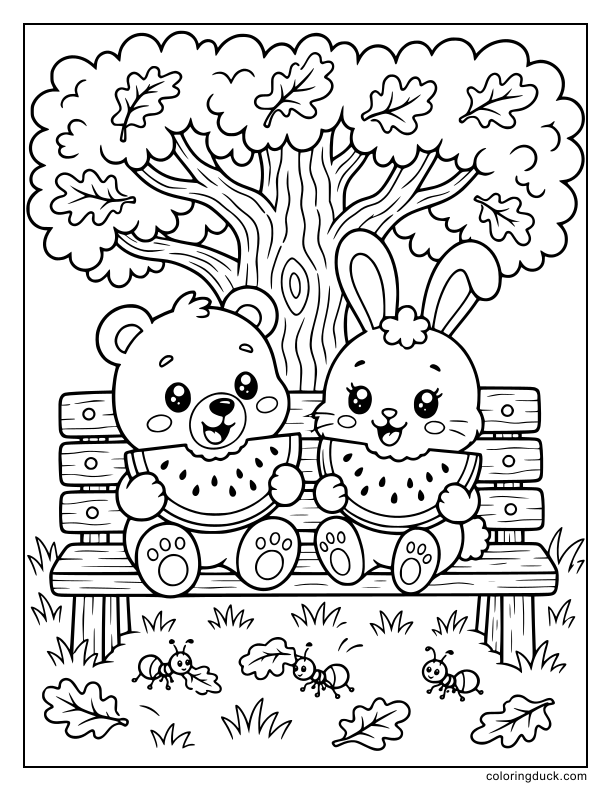Under a large oak tree, animal friends share huge slices of juicy watermelon on a wooden park bench.