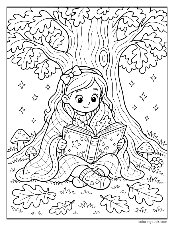 Wrapped in a warm blanket, a young girl reads a magical storybook against a thick tree trunk.