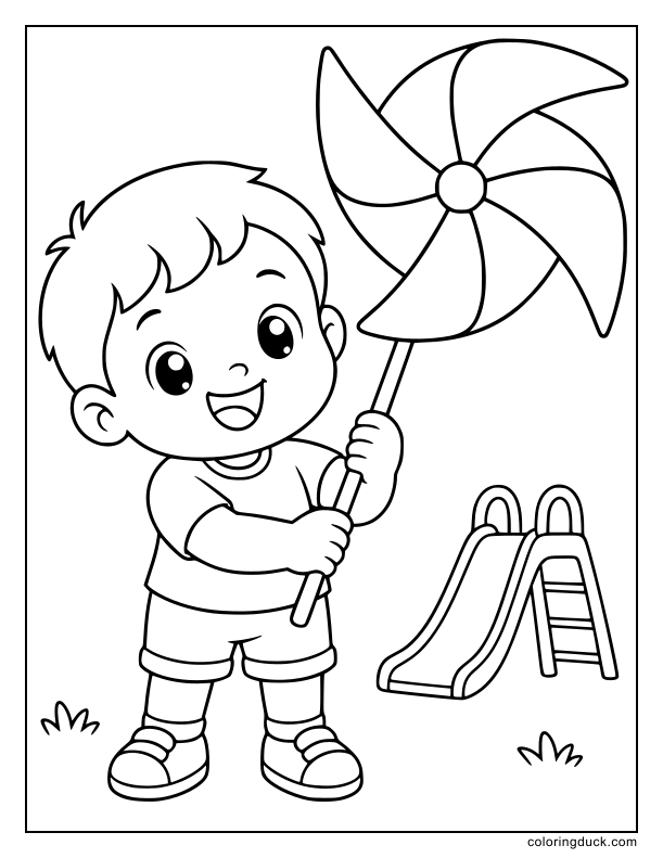 Spinning happily in the breeze, a colourful pinwheel held by a toddler.