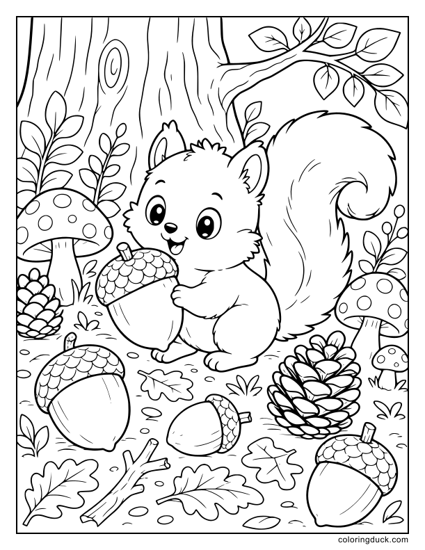 Deep in the woods, a tiny squirrel discovers giant acorns hidden among mushrooms and pinecones.