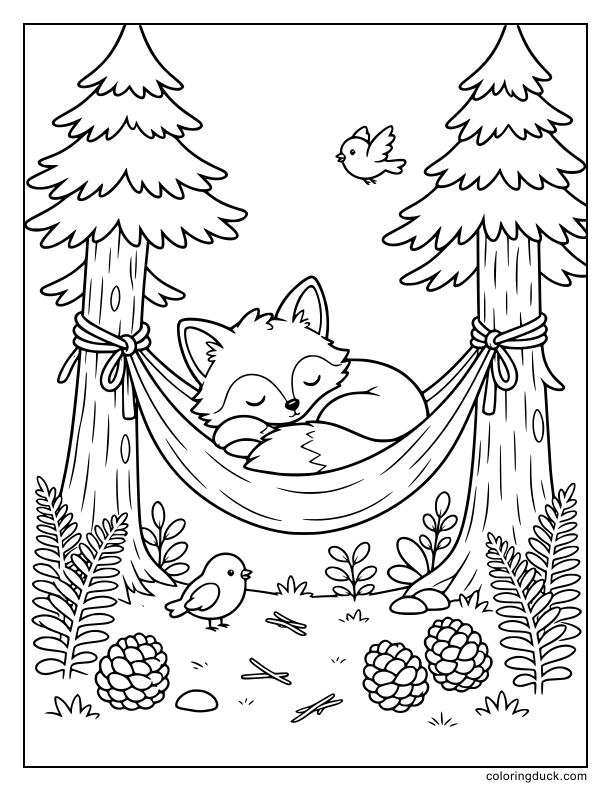 Deep inside the pine forest, a peaceful sleepy fox takes a nap inside a cozy cloth hammock.