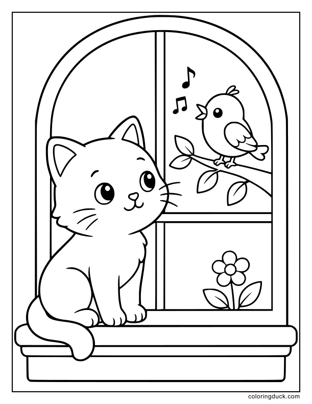 Beside an open window, a calm cat listens to a singing bird.