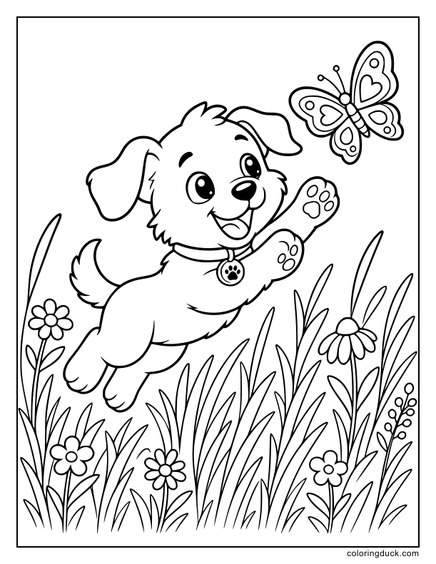Playful puppy leaping through tall meadow grass to catch a delicate patterned butterfly hovering nearby.