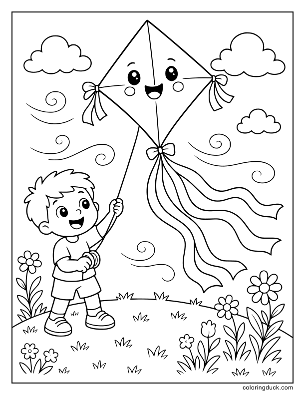 High up in the breeze, a cheerful diamond kite with long ribbon tails soars above a grassy hilltop.