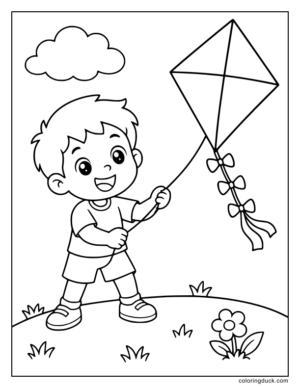 Up high on a grassy hill, a cheerful boy flies a diamond kite.