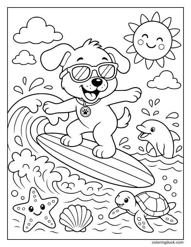 Paws planted firmly, a cute puppy wearing sunglasses balances on a striped surfboard while riding a gentle ocean wave.