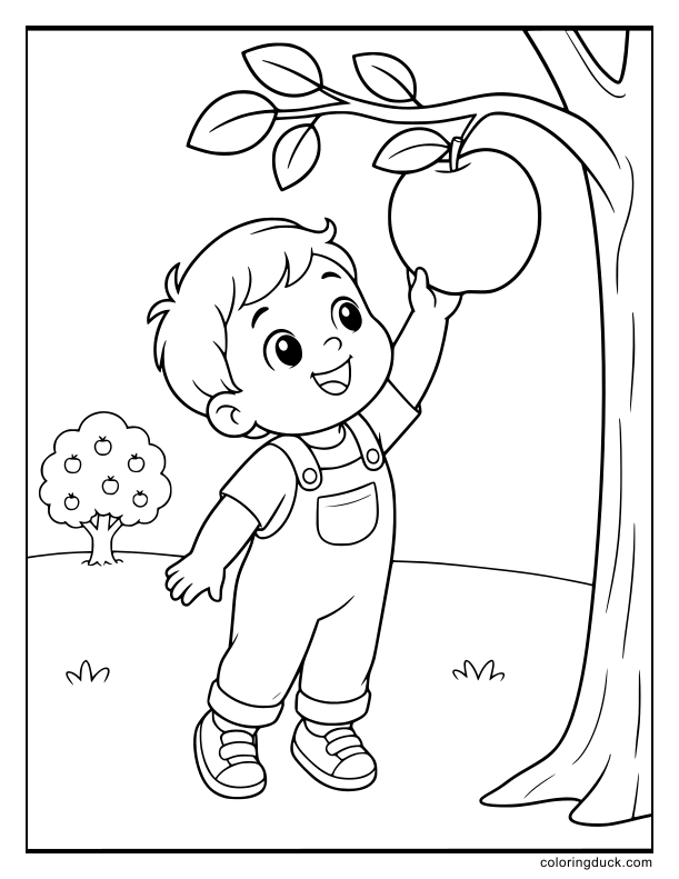 Cheerful toddler reaching up to pluck a single large round fruit from a bare low branch.