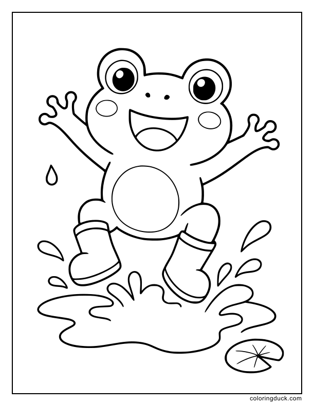 Energetic frog jumping into a pool of water wearing oversized rain footwear.
