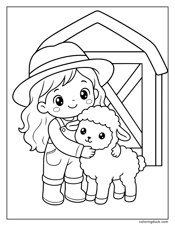 Gentle farmer girl hugging a fluffy lamb near a barn door.