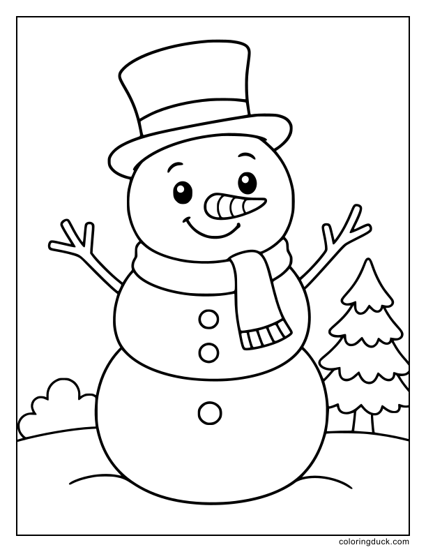 Jolly snowman wearing a top hat in a snowy yard.