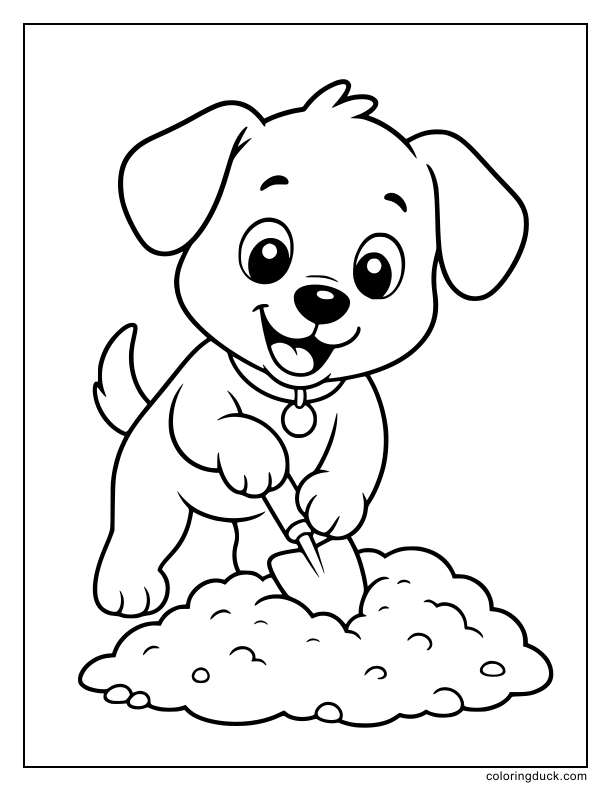 Energetic puppy digging in a dirt pile with a small garden trowel.