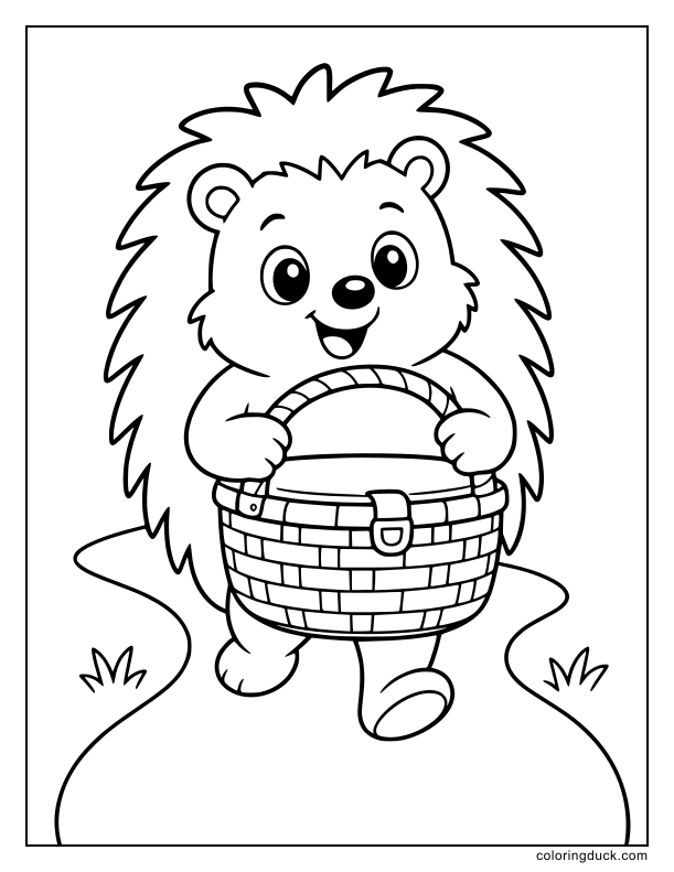 Cheerful hedgehog walking down a path carrying a woven basket.