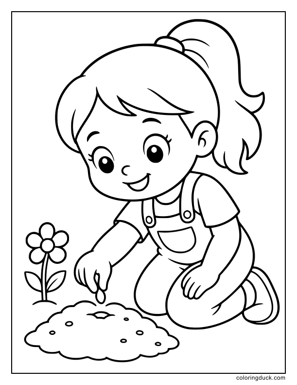 Smiling little girl planting a tiny seed in soft soil.