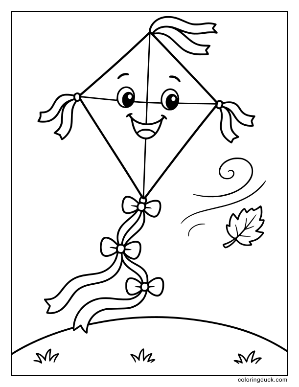 Up in the sky, a diamond-shaped kite with a ribbon tail dances in the autumn breeze above a smooth hill.