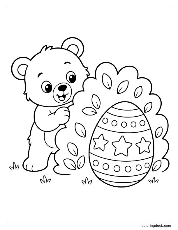Peeking behind a leafy bush, a bear cub spots a decorated egg.