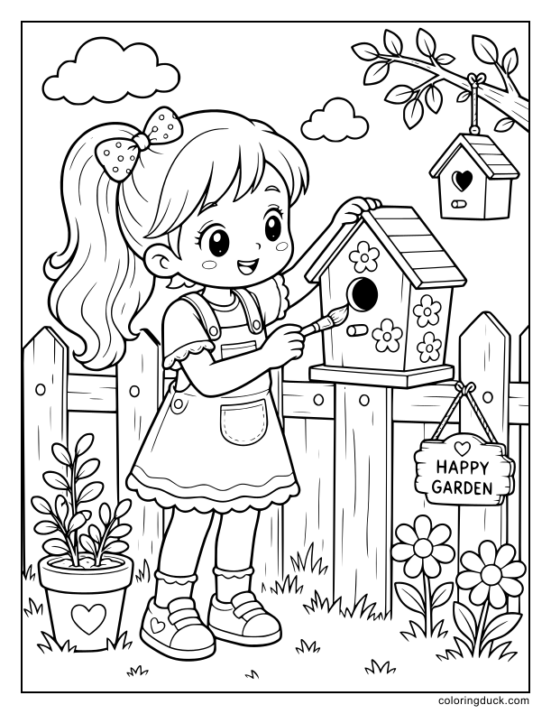Beside a wooden fence, a young girl holds a paintbrush to decorate a small wooden birdhouse with flower patterns.