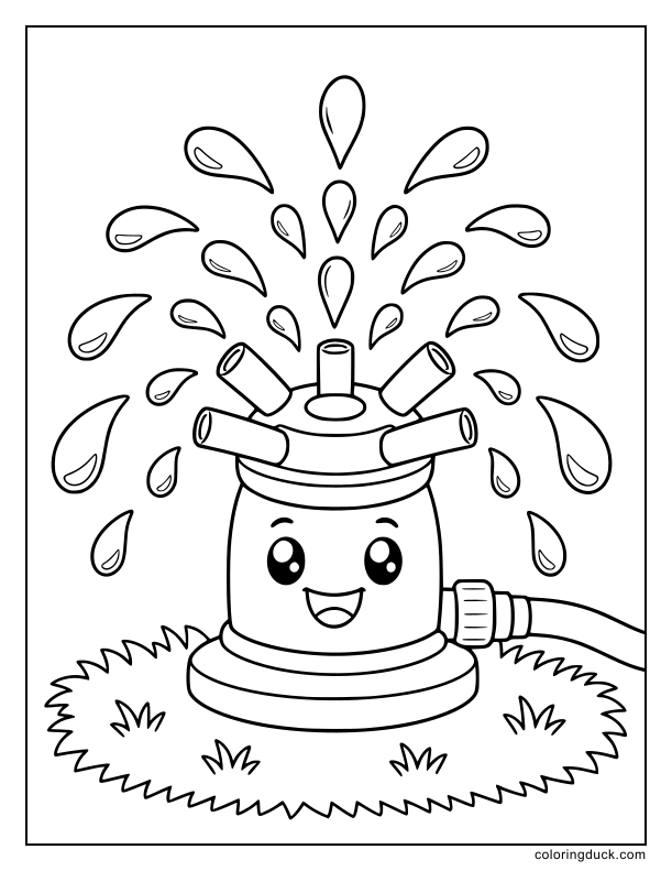 Water drops splashing from a smiling yellow sprinkler.