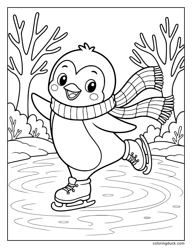 Smiling penguin gliding gracefully on a frozen pond while wearing a long knitted scarf trailing behind.